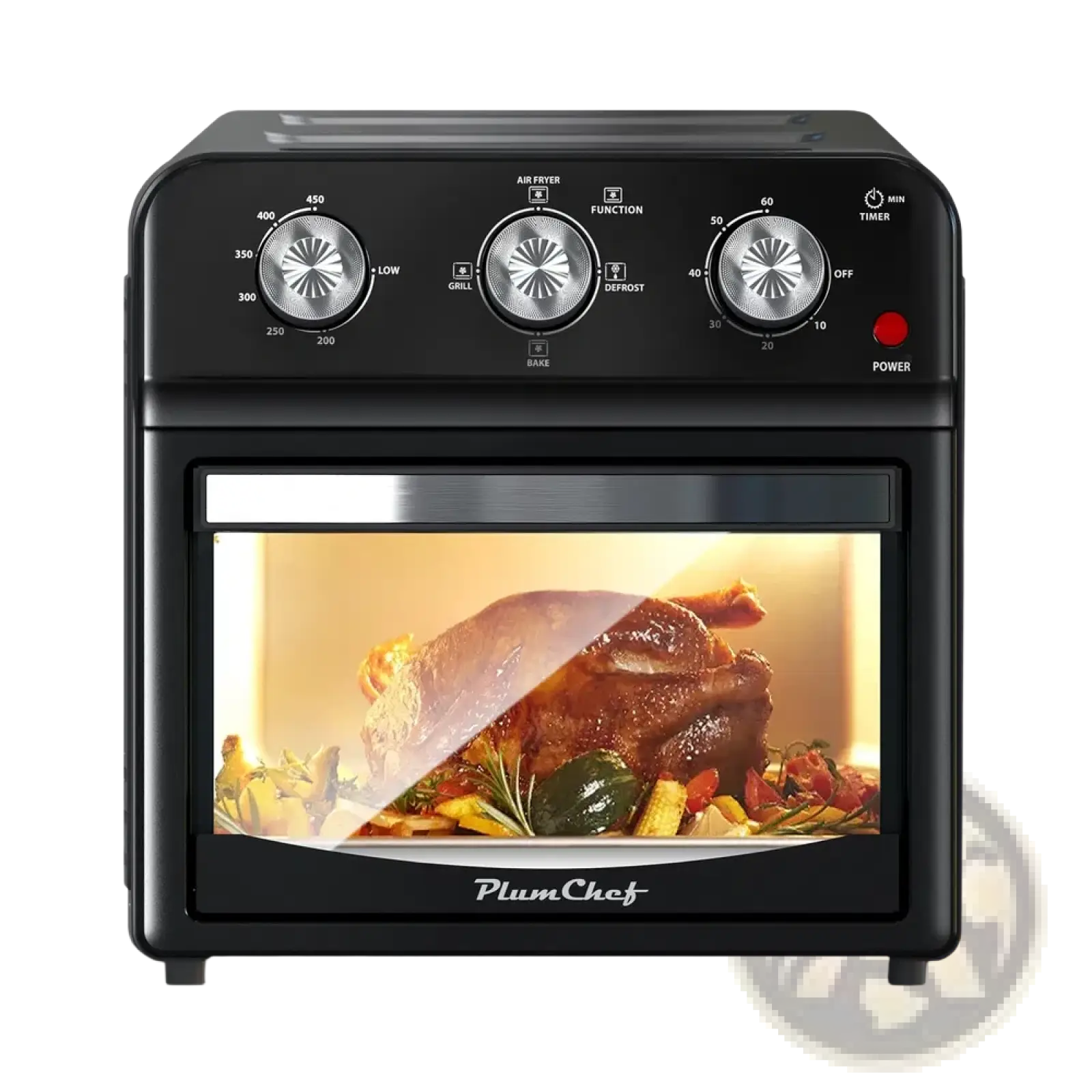 Black plumchef air fryer oven 12l with silver knobs and glass door showing roasted turkey for multi function use