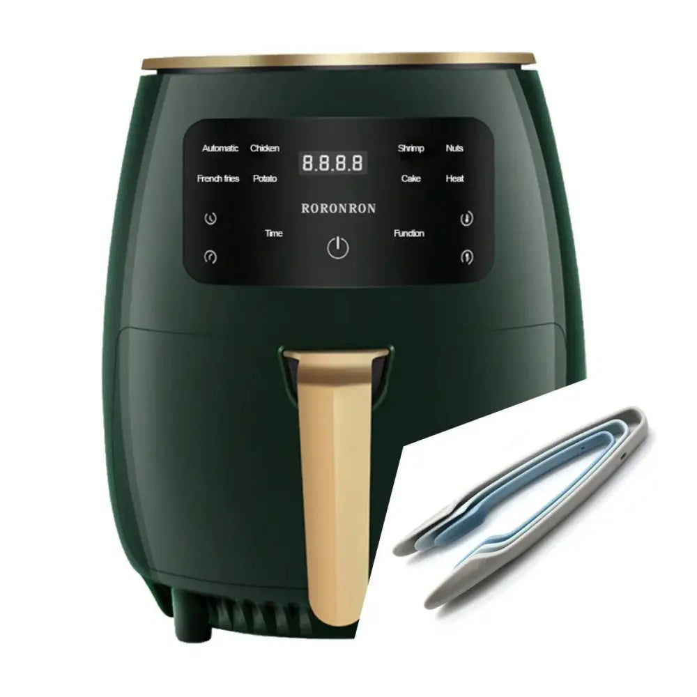 Dark green roronron arbaglobal smart touch digital electric air fryer with gold accents and digital control panel