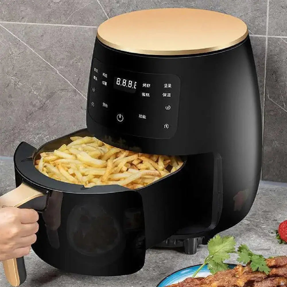 Arbaglobal smart touch digital electric air fryer in black with gold lid handle and chinese character control panel