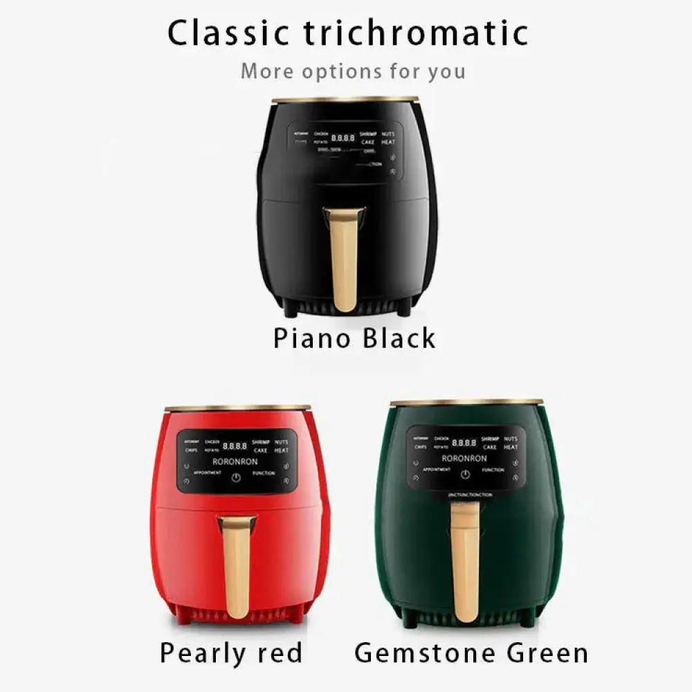 Arbaglobal smart touch digital electric air fryers in piano black pearly red and gemstone green with gold accents