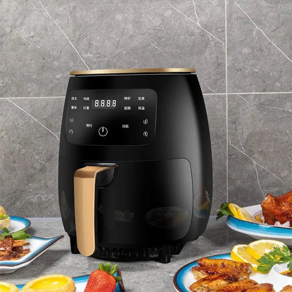 Arbaglobal smart touch digital electric air fryer in black with gold accents and a digital display panel