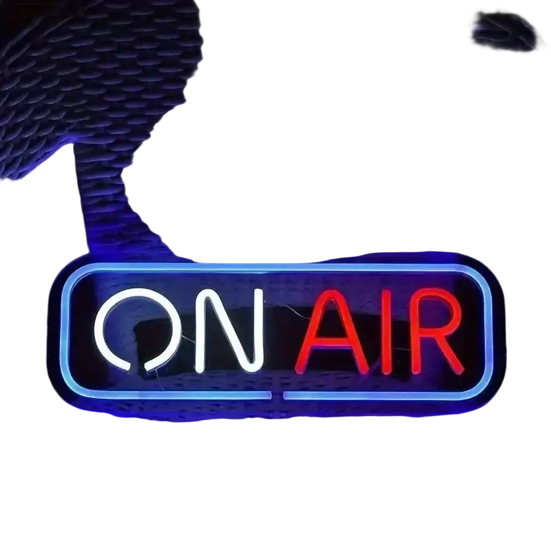 A glowing on air led neon sign usb wall art with white and red letters framed by a blue border for wall decor