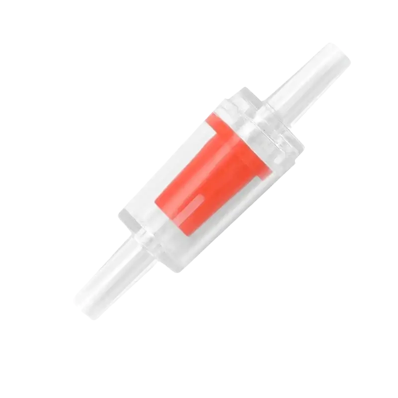 Clear plastic air filter with red chamber and labeled inlet outlet ports for air stone check valves and air tube kit