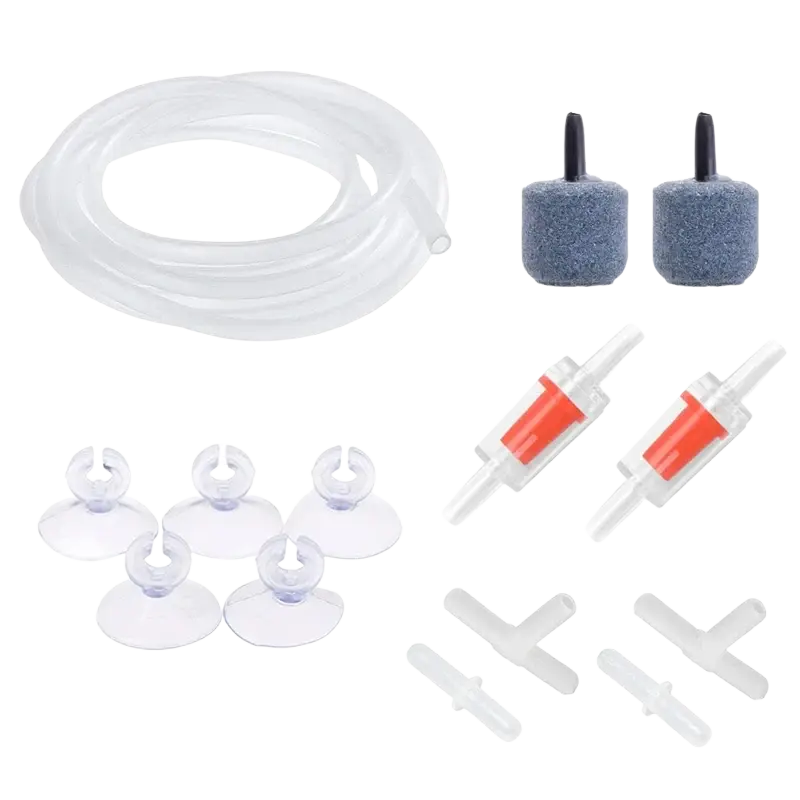 Clear plastic air tube with transparent cylindrical air stones and orange check valves for fish tank aeration kit