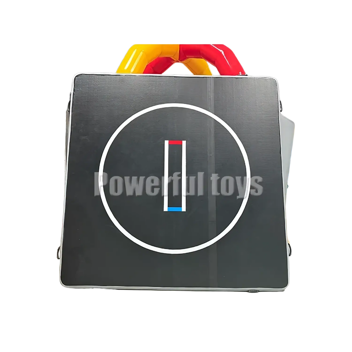 Black inflatable air track gym mat with white circular target and red-blue stripe for training and inflatable water use