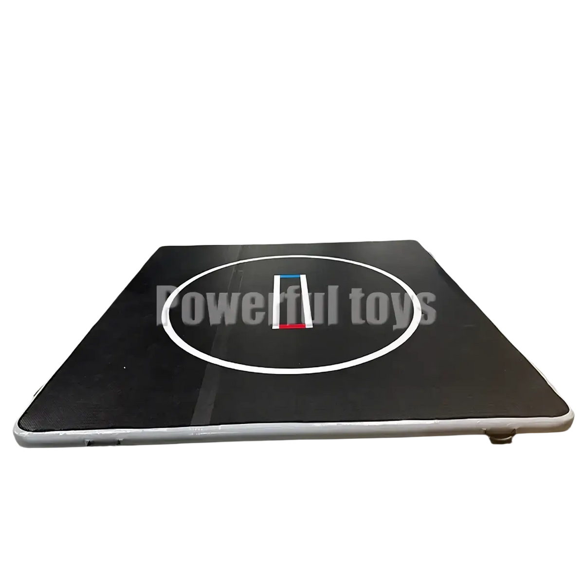 Black inflatable air track gym mat with white circular marking and red white blue logo for training floor use