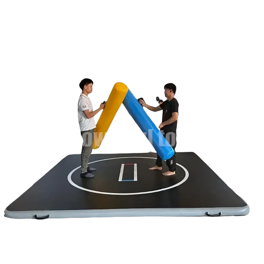 Blue and yellow air track inflatable gym mat made of durable material for training and exercise use