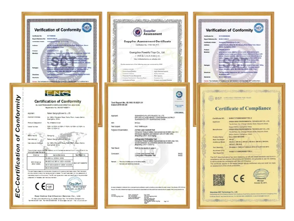 Set of framed certification documents with gold borders for air track inflatable gym mat training floor product quality