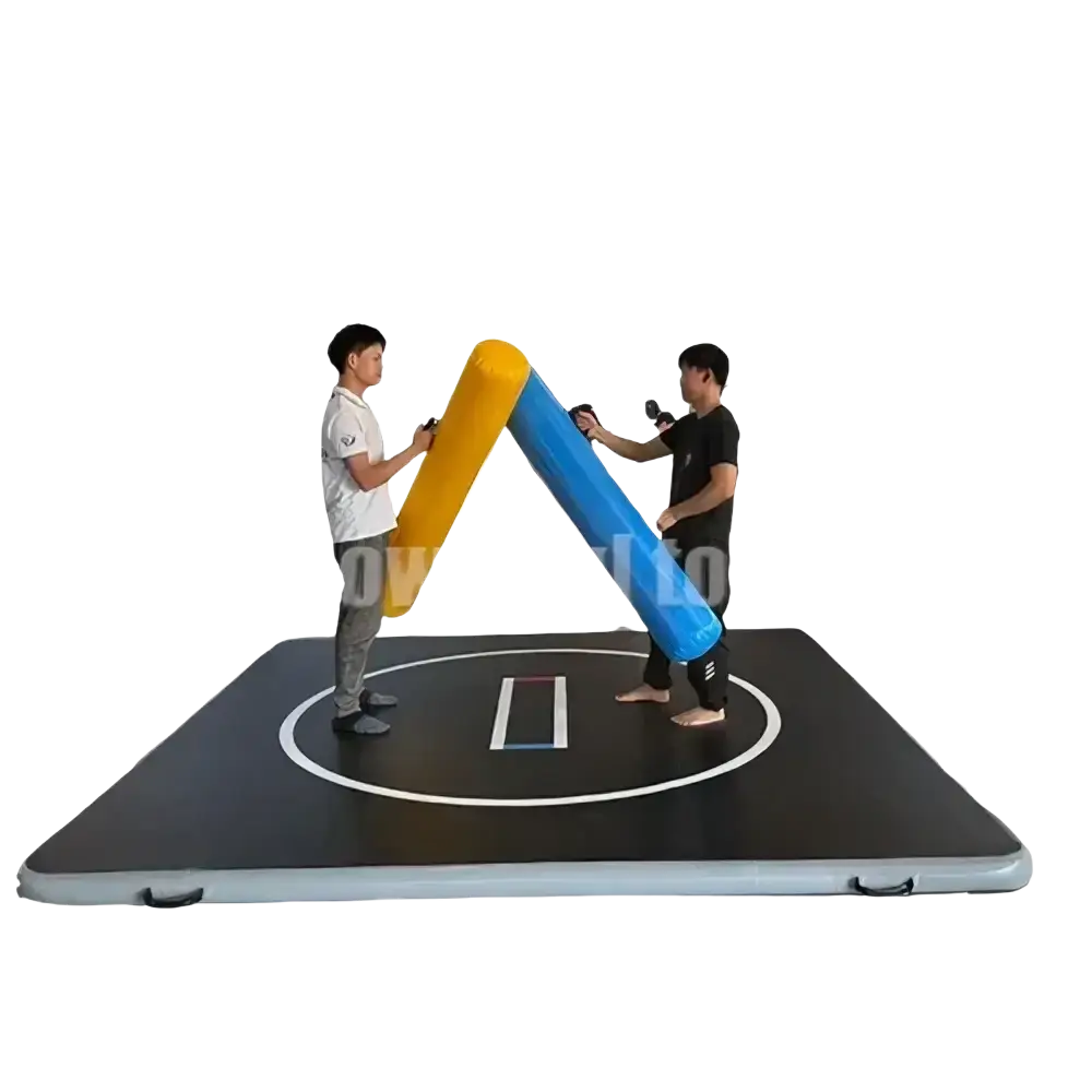 Yellow and blue inflatable air track gym mat designed for versatile training and floor exercises