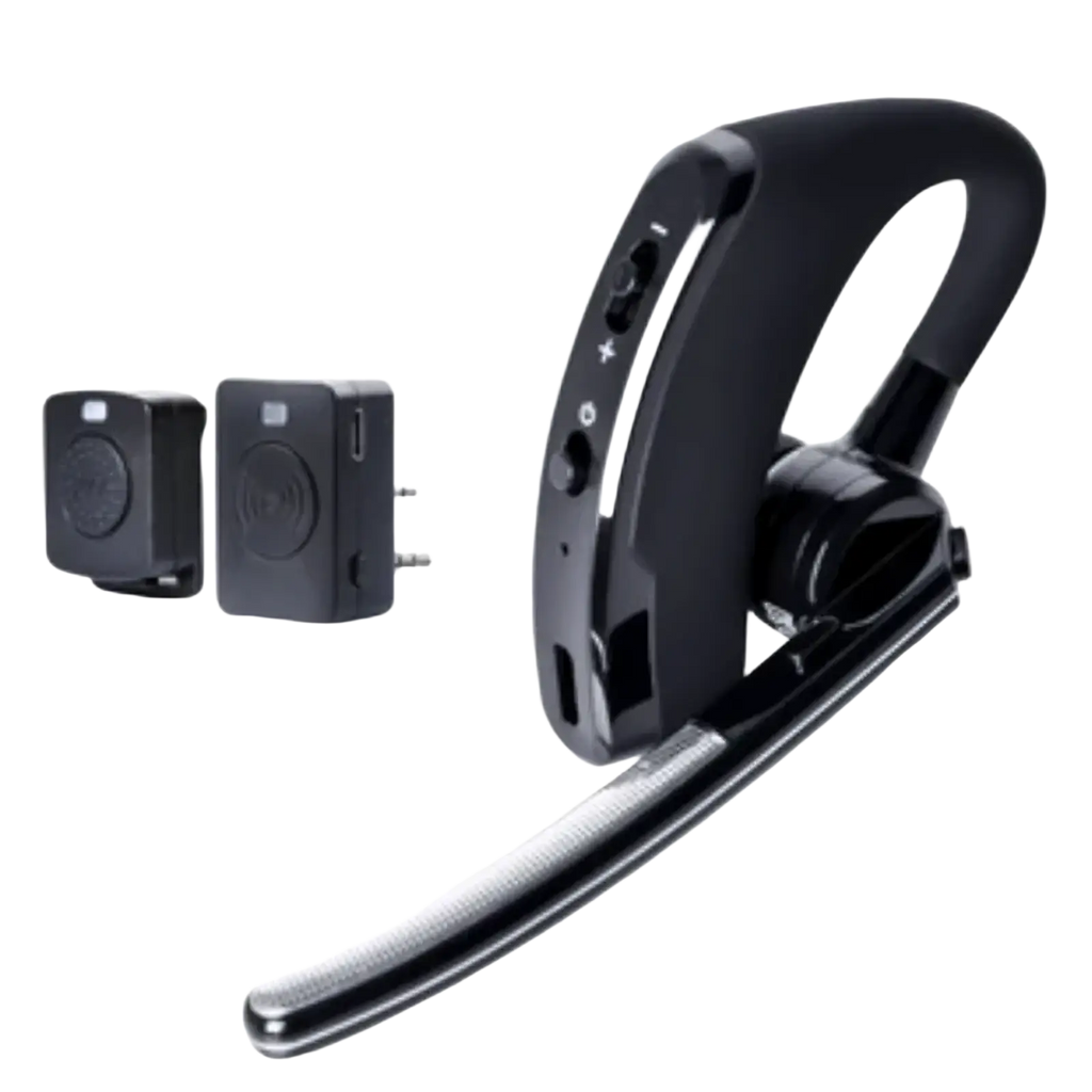 Black wireless air tube earpiece replacement acoustic coil with sleek ergonomic design and metallic microphone arm accent