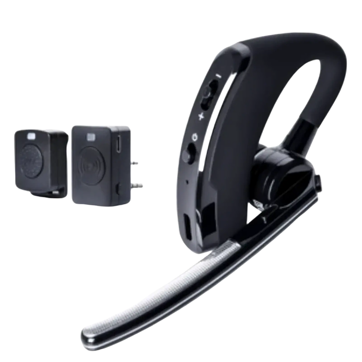Black wireless air tube earpiece replacement acoustic coil with sleek ergonomic design and metallic microphone arm accent
