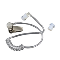 Clear plastic air tube earpiece replacement with metallic clip and white silicone eartips for acoustic coil audio tube