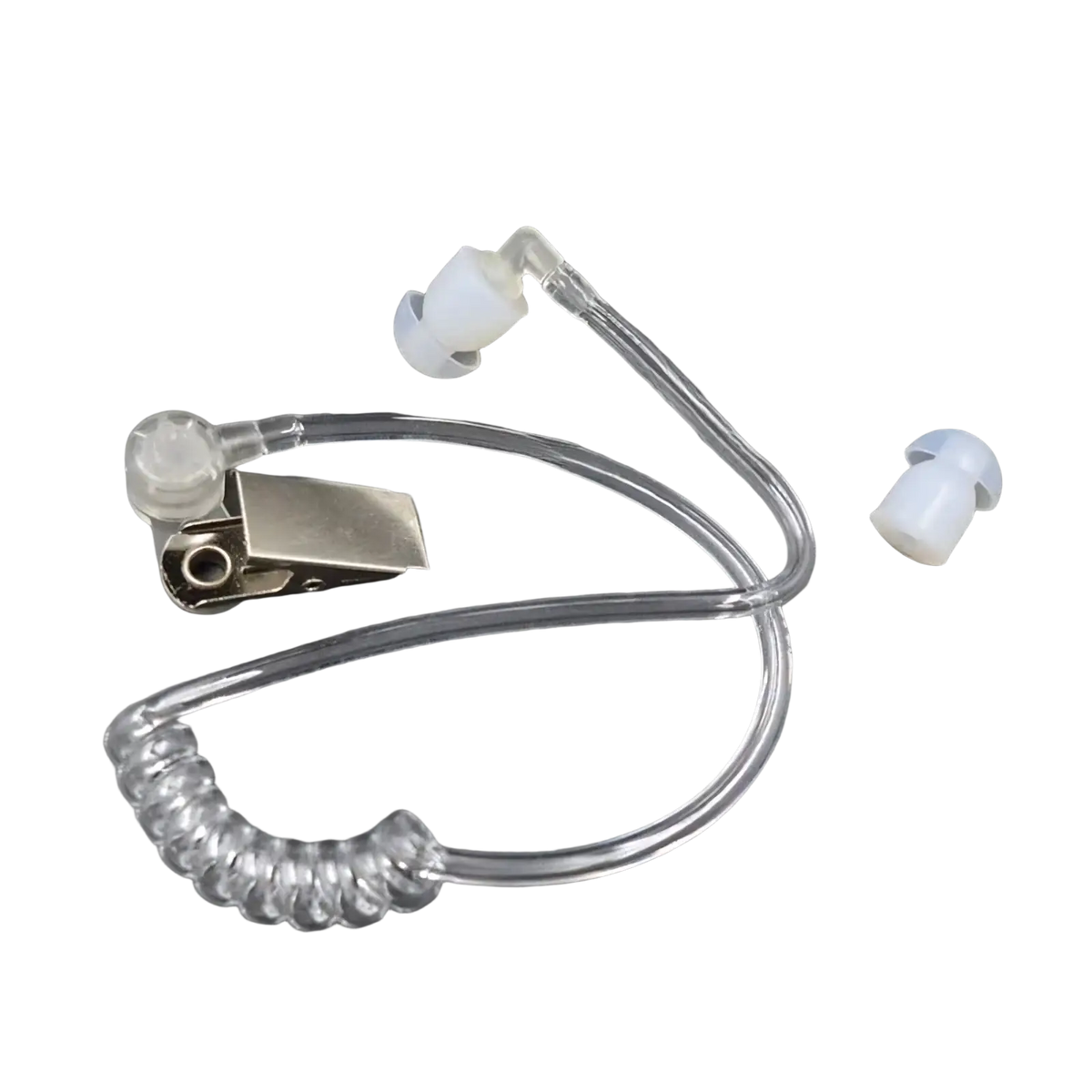 Clear plastic air tube earpiece replacement with metallic clip and white silicone eartips for acoustic coil audio tube