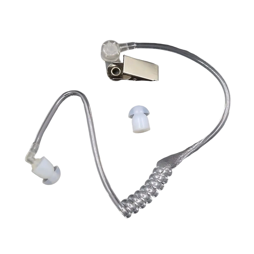 Clear plastic air tube earpiece replacement with silver metal clip and white silicone eartips for acoustic coil audio