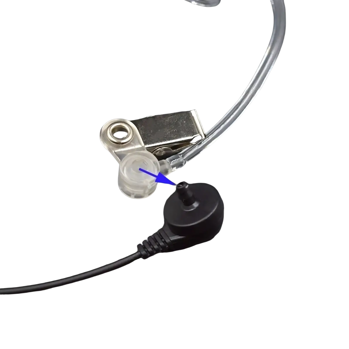 Clear plastic air tube earpiece replacement with black connector transparent tubing and metallic clip for secure attachment
