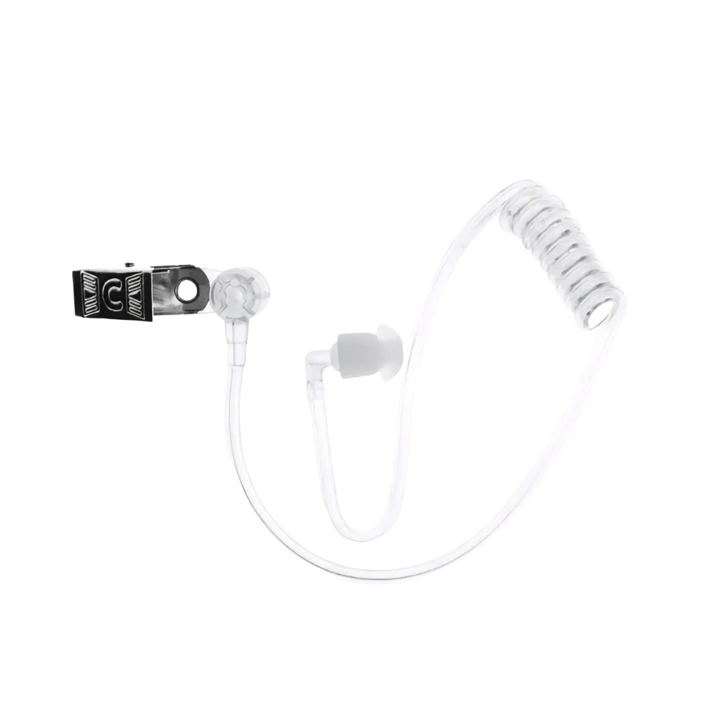 Clear transparent air tube earpiece replacement with coiled acoustic audio tube and black clip attachment