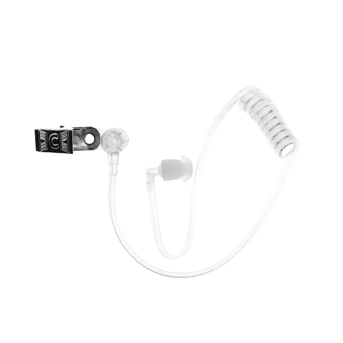 Clear transparent air tube earpiece replacement with coiled acoustic audio tube and black clip attachment