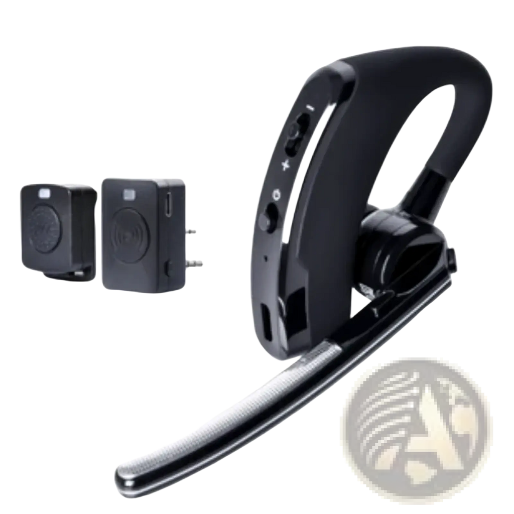 Black wireless air tube earpiece replacement acoustic coil with sleek ergonomic design and metallic microphone arm accent