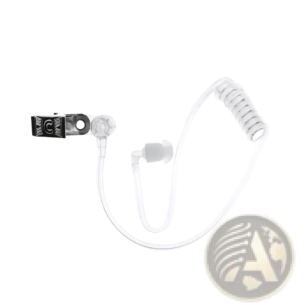 Clear transparent air tube earpiece replacement with coiled acoustic audio tube and black clip attachment