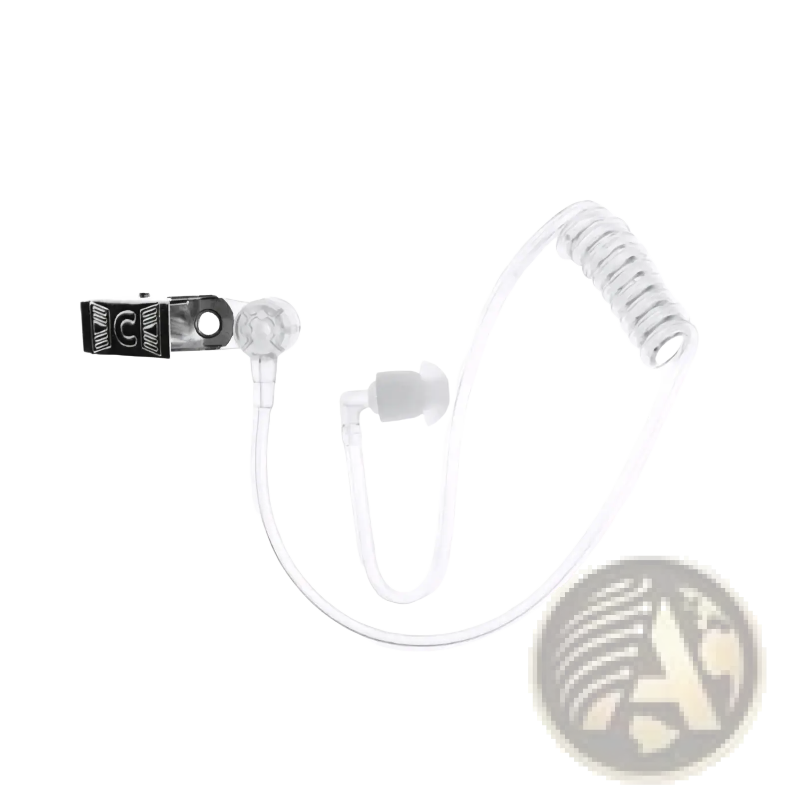 Clear transparent air tube earpiece replacement with coiled acoustic audio tube and black clip attachment