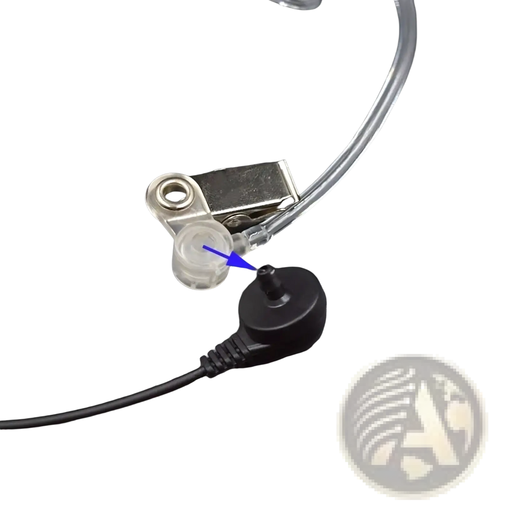 Clear plastic air tube earpiece replacement with black connector transparent tubing and metallic clip for secure attachment