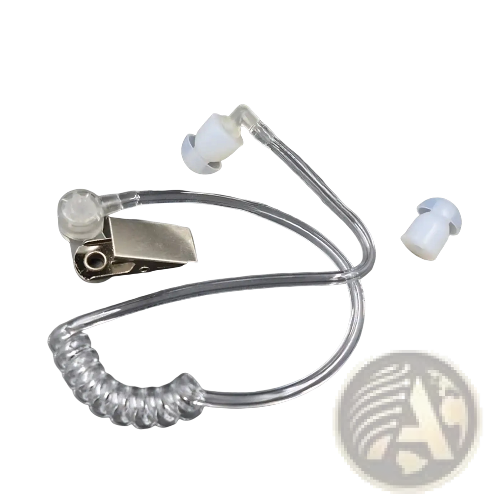 Clear plastic air tube earpiece replacement with metallic clip and white silicone eartips for acoustic coil audio tube