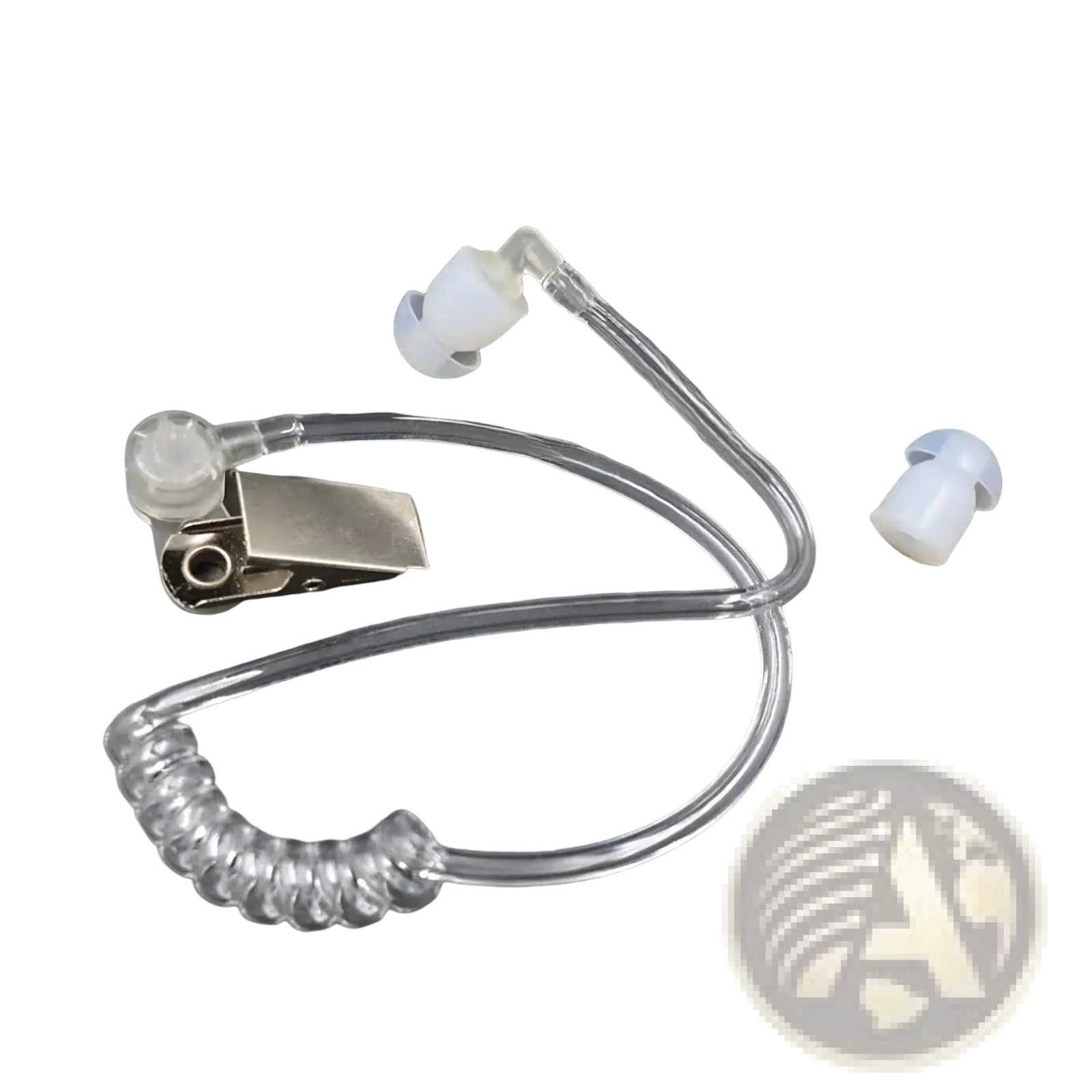 Clear plastic air tube earpiece replacement with metallic clip and white silicone eartips for acoustic coil audio tube