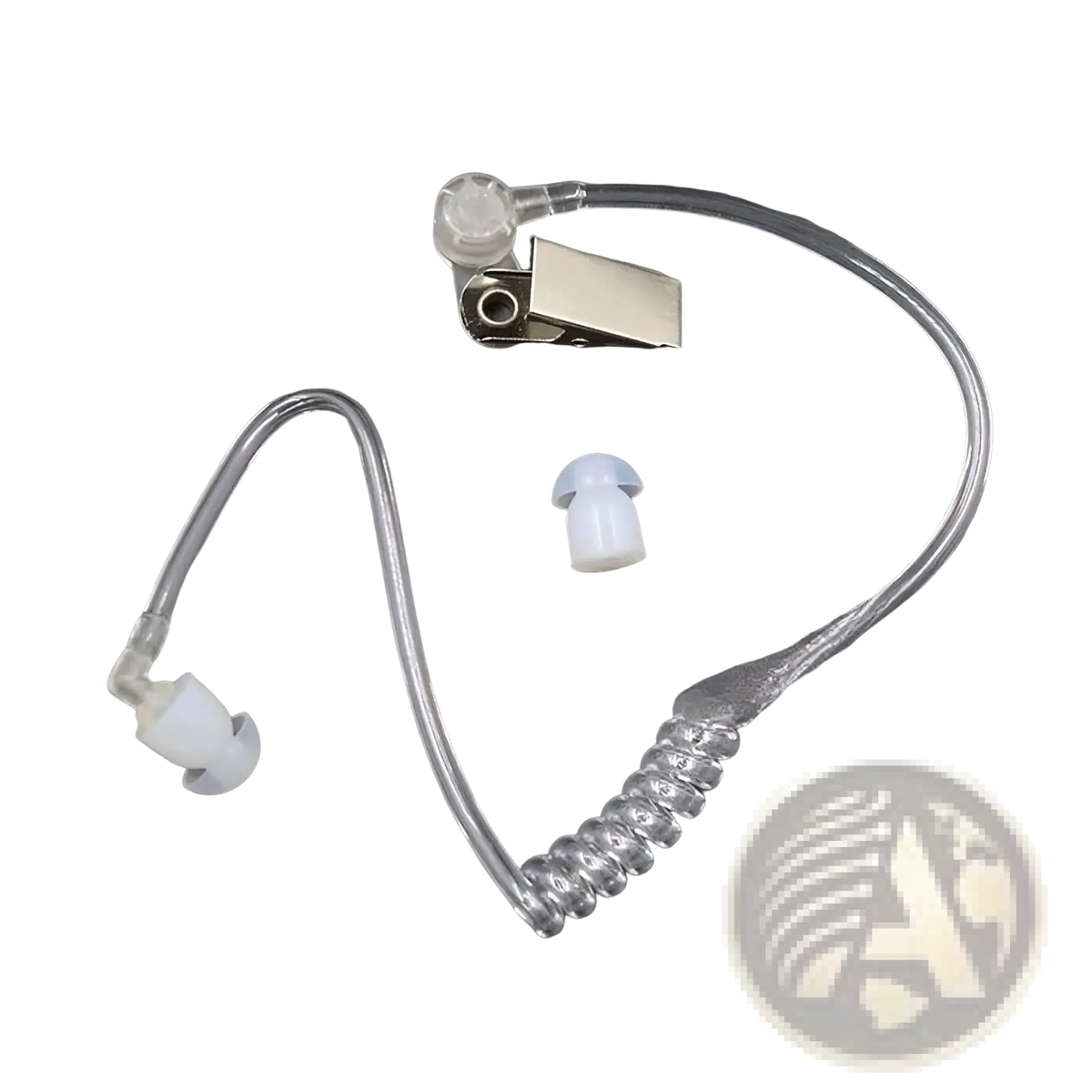 Clear plastic air tube earpiece replacement with silver metal clip and white silicone eartips for acoustic coil audio