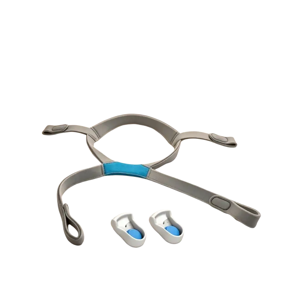 Gray airfit f40 replacement headgear headband with blue central strap and two white clips for secure fit