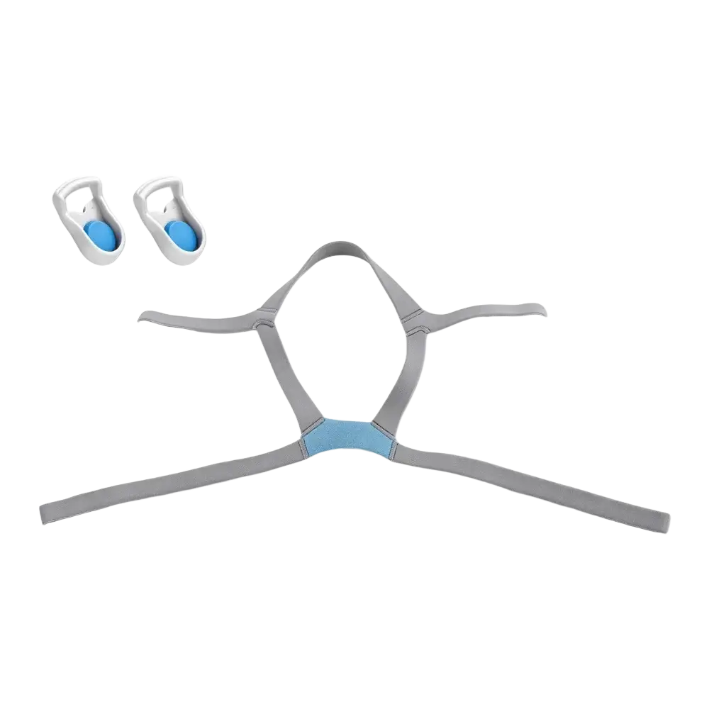Gray silicone airfit f40 replacement headgear with light blue accents and matching white earpieces with blue interiors