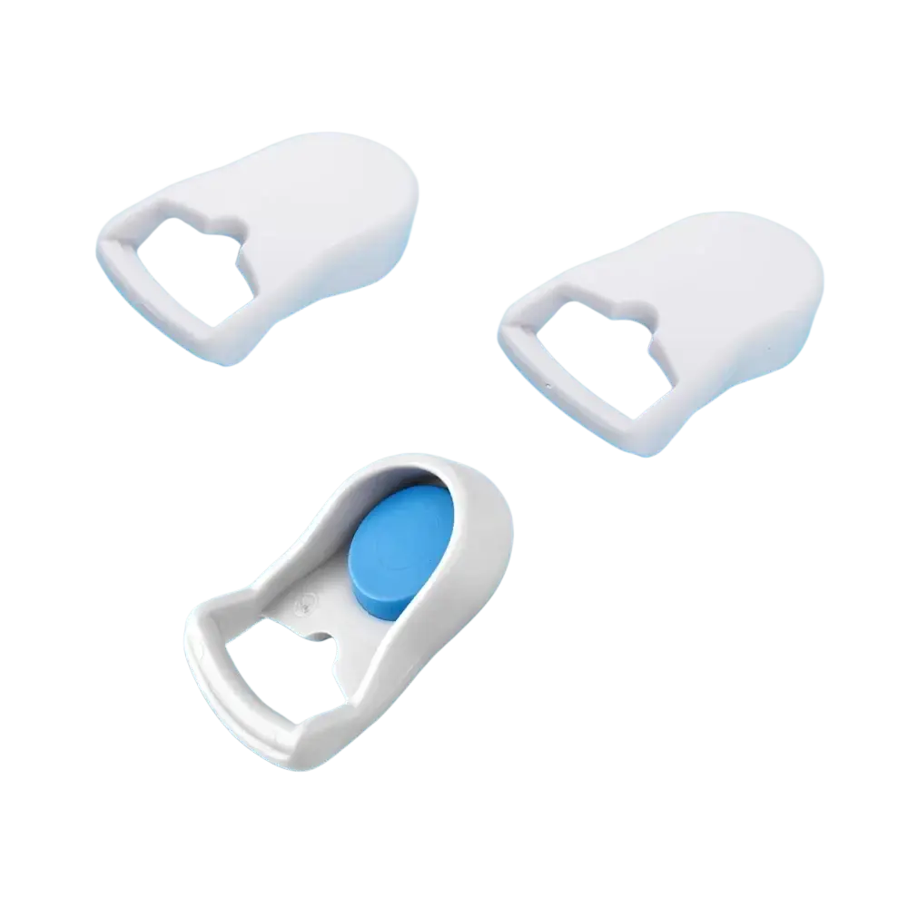 White plastic airfit f40 replacement headgear bottle openers with one featuring a blue circular insert