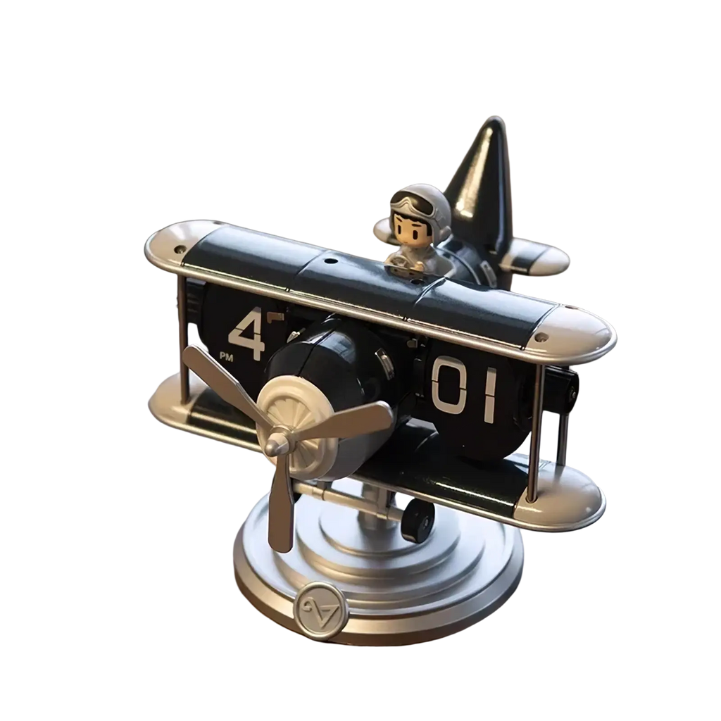 Black and silver biplane airplane flip desk clock with pilot figurine vintage table decor accessory