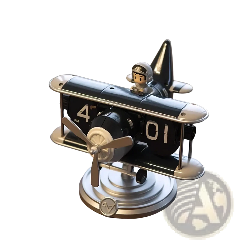 Black and silver biplane airplane flip desk clock with pilot figurine vintage table decor accessory