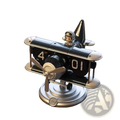 Black and silver biplane airplane flip desk clock with pilot figurine vintage table decor accessory