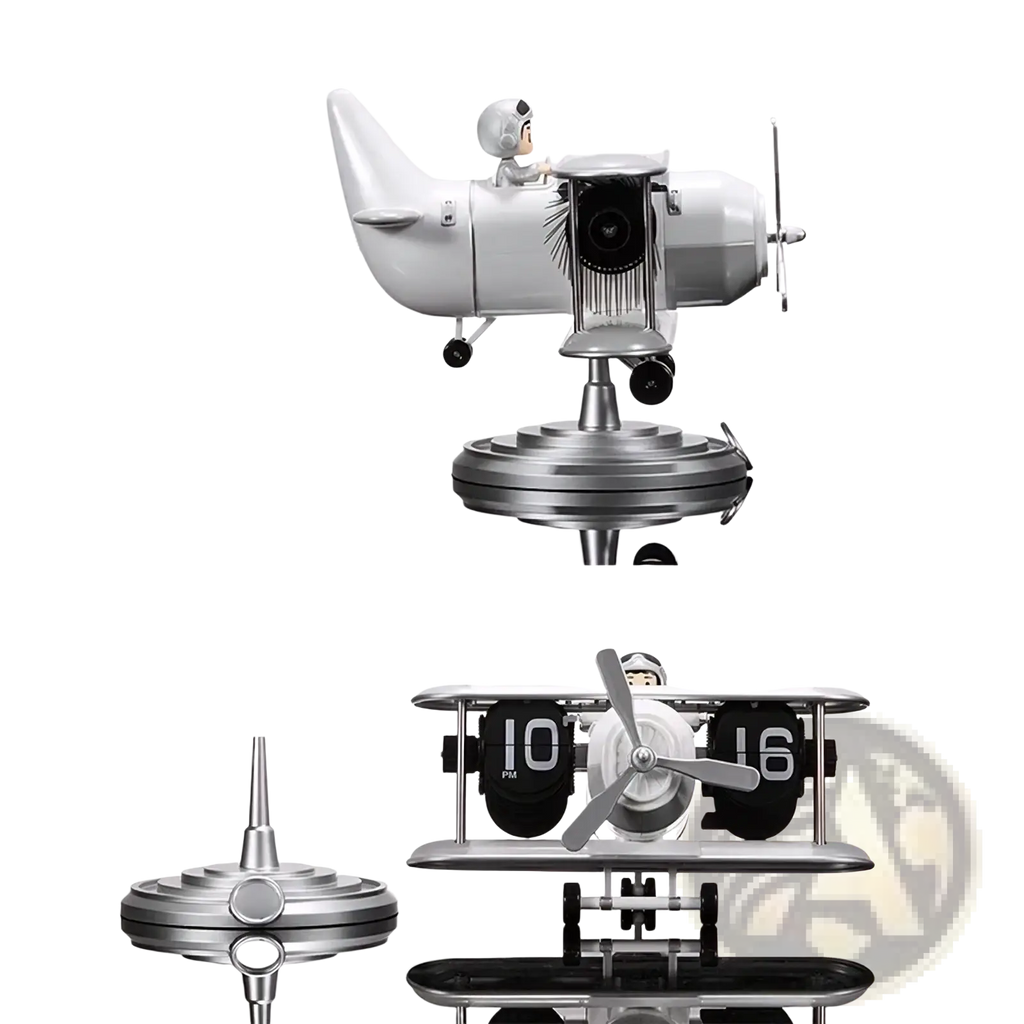 Silver airplane flip desk clock with pilot figure black digital display and metallic finish vintage table decor