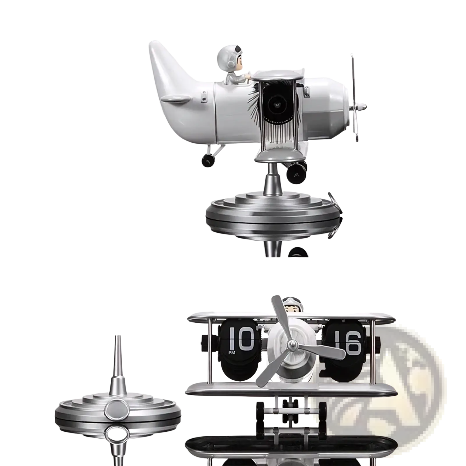 Silver airplane flip desk clock with pilot figure black digital display and metallic finish vintage table decor
