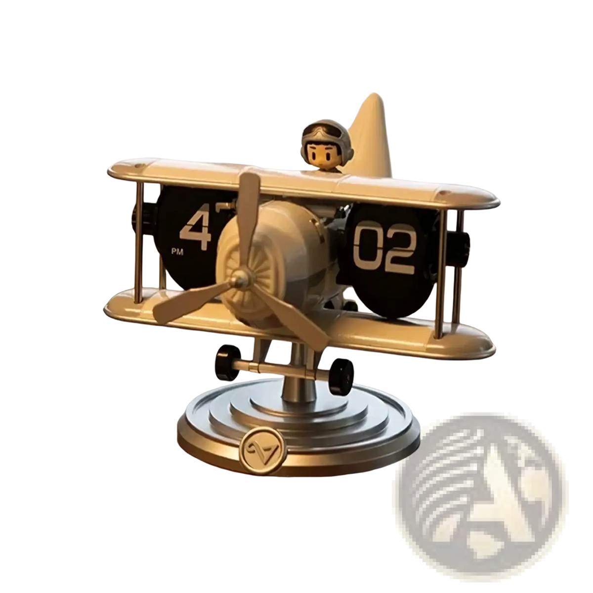 Vintage-style airplane flip desk clock with cream fuselage, black flip digits, and metallic silver propeller and landing gear