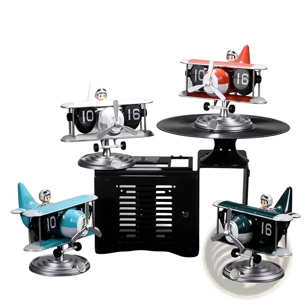 Airplane flip desk clock vintage table decor in red white teal and green with black propellers and silver bases