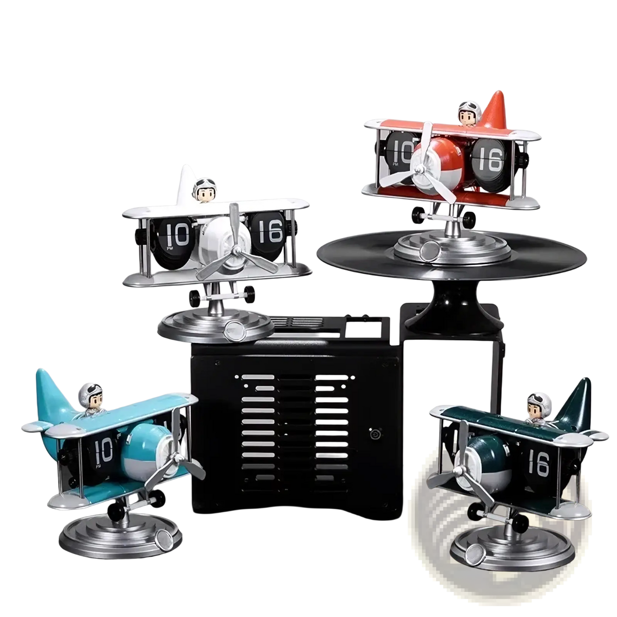 Airplane flip desk clock vintage table decor in red white teal and green with black propellers and silver bases