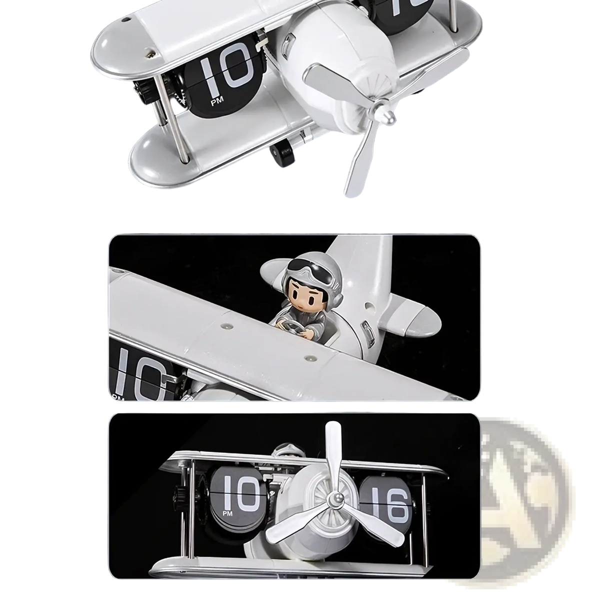 White biplane-shaped desk clock with black flip display panels showing time vintage airplane table decor
