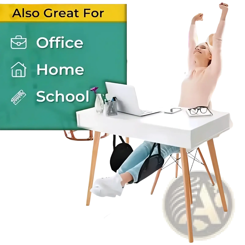 Black ergonomic adjustable airplane footrest made of breathable fabric for office chair and travel use