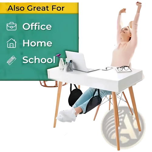 Black ergonomic adjustable airplane footrest made of breathable fabric for office chair and travel use
