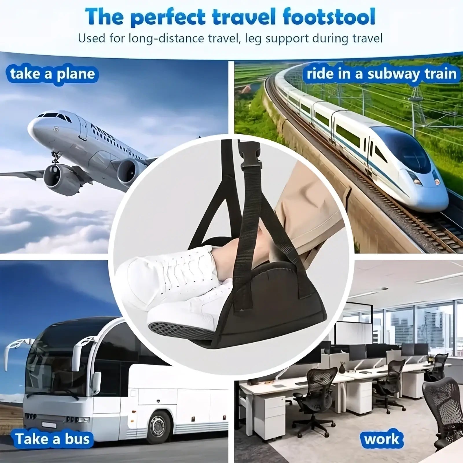 Black fabric airplane footrest with adjustable straps providing comfortable leg support for travel use