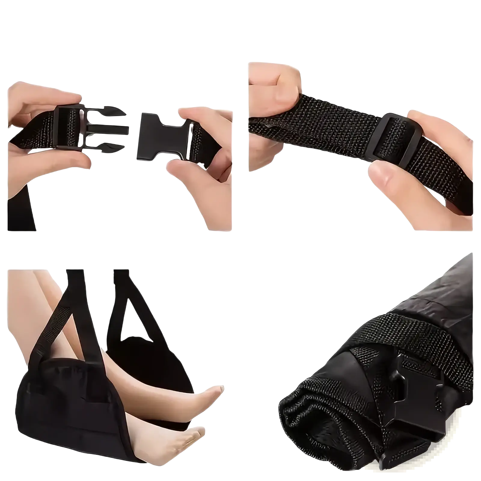 Black fabric foot sling with adjustable strap and buckle for airplane footrest adjustable travel hammock leg rest