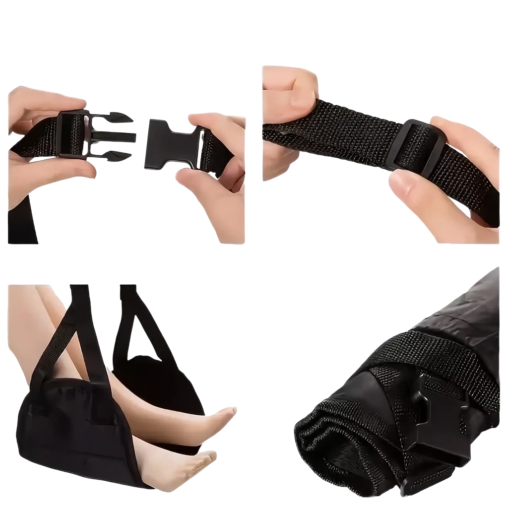Black fabric foot sling with adjustable strap and buckle for airplane footrest adjustable travel hammock leg rest