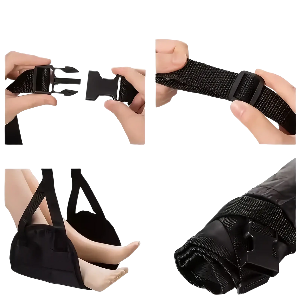 Black fabric foot sling with adjustable strap and buckle for airplane footrest adjustable travel hammock leg rest