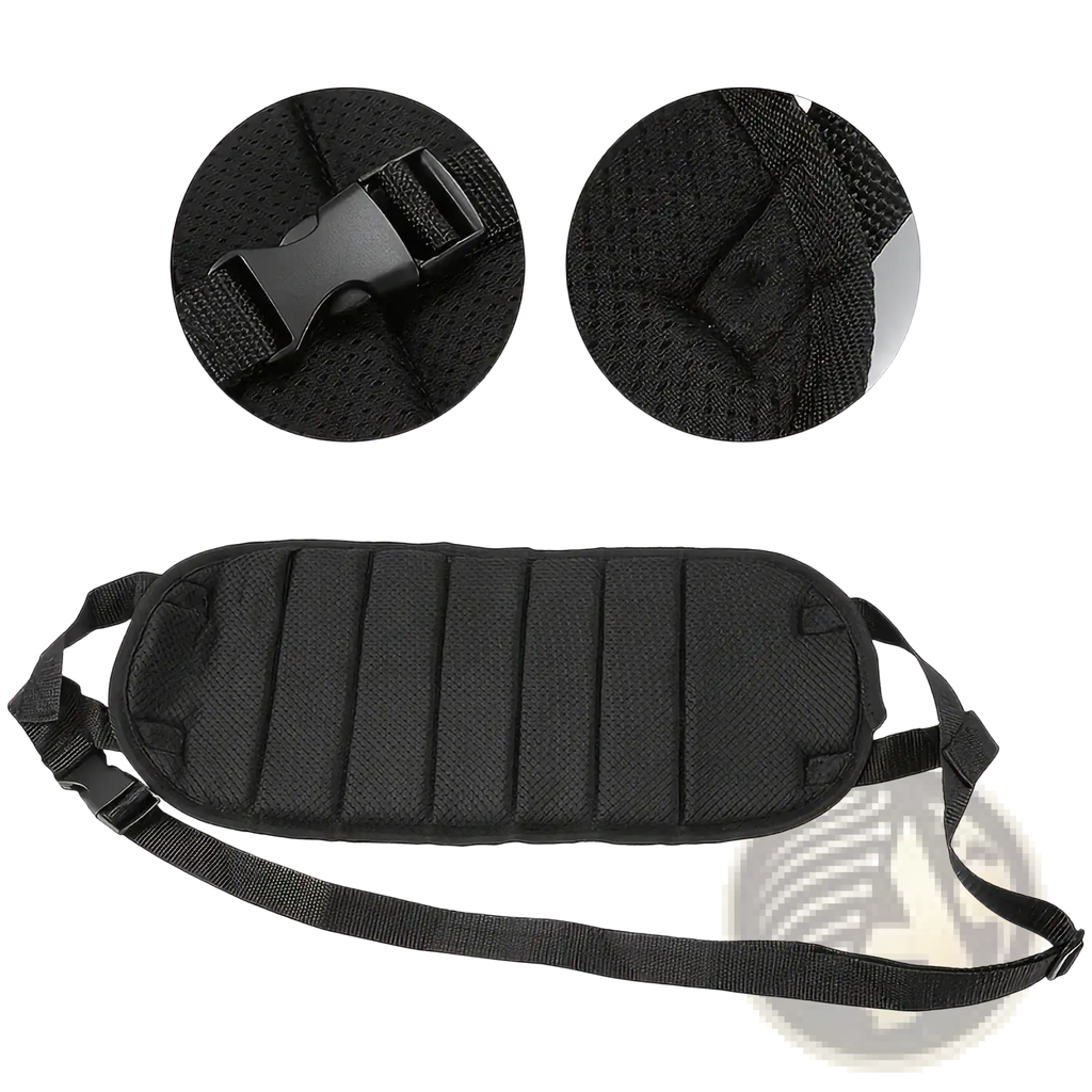 Black mesh fabric waist support belt with adjustable strap and plastic buckle for airplane footrest travel hammock leg rest