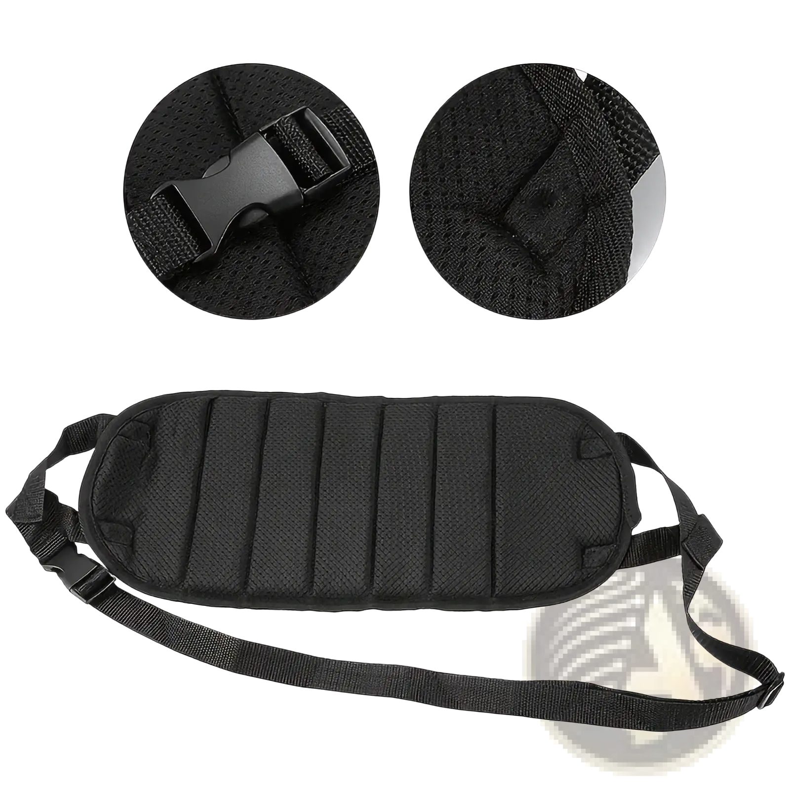 Black mesh fabric waist support belt with adjustable strap and plastic buckle for airplane footrest travel hammock leg rest