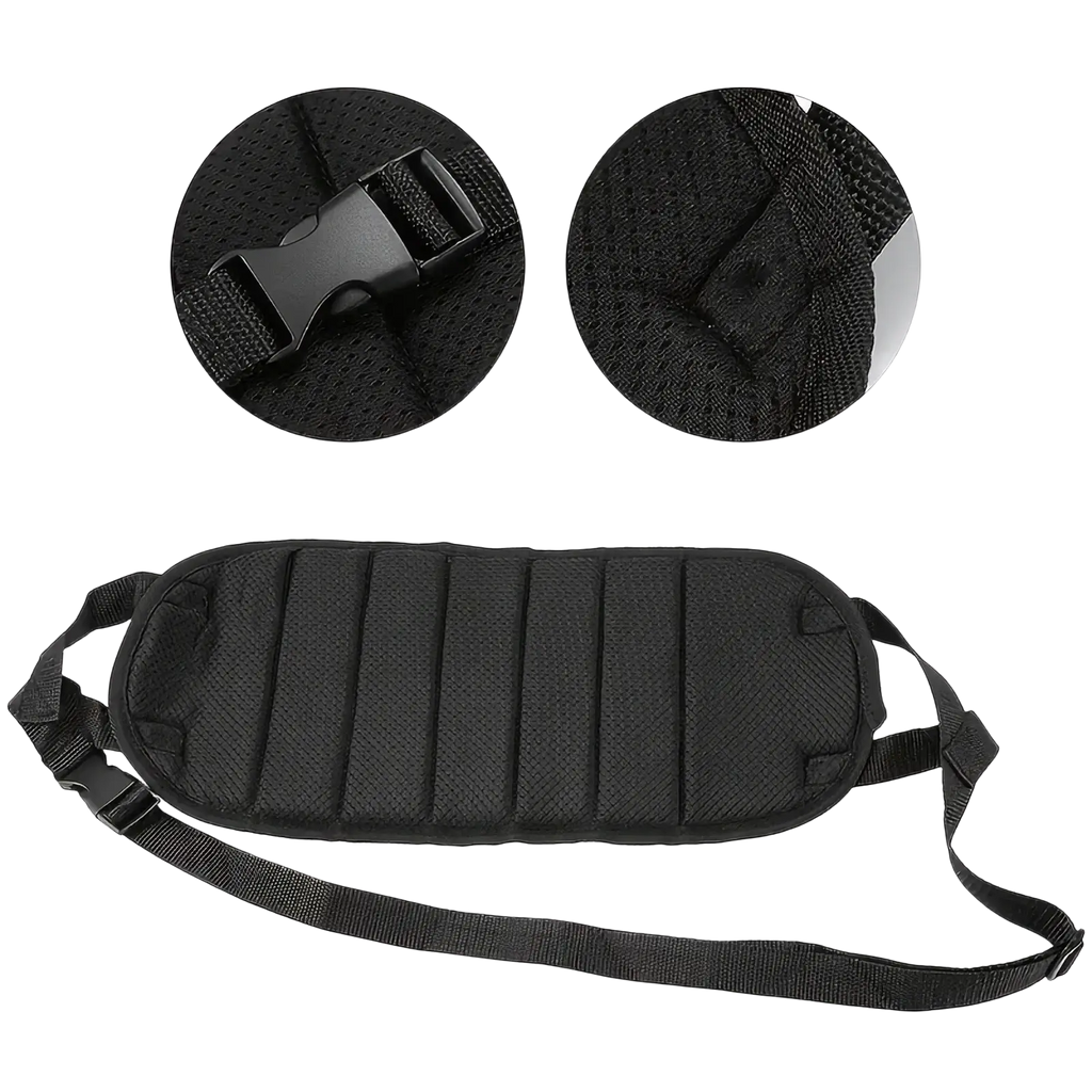 Black mesh fabric waist support belt with adjustable strap and plastic buckle for airplane footrest travel hammock leg rest