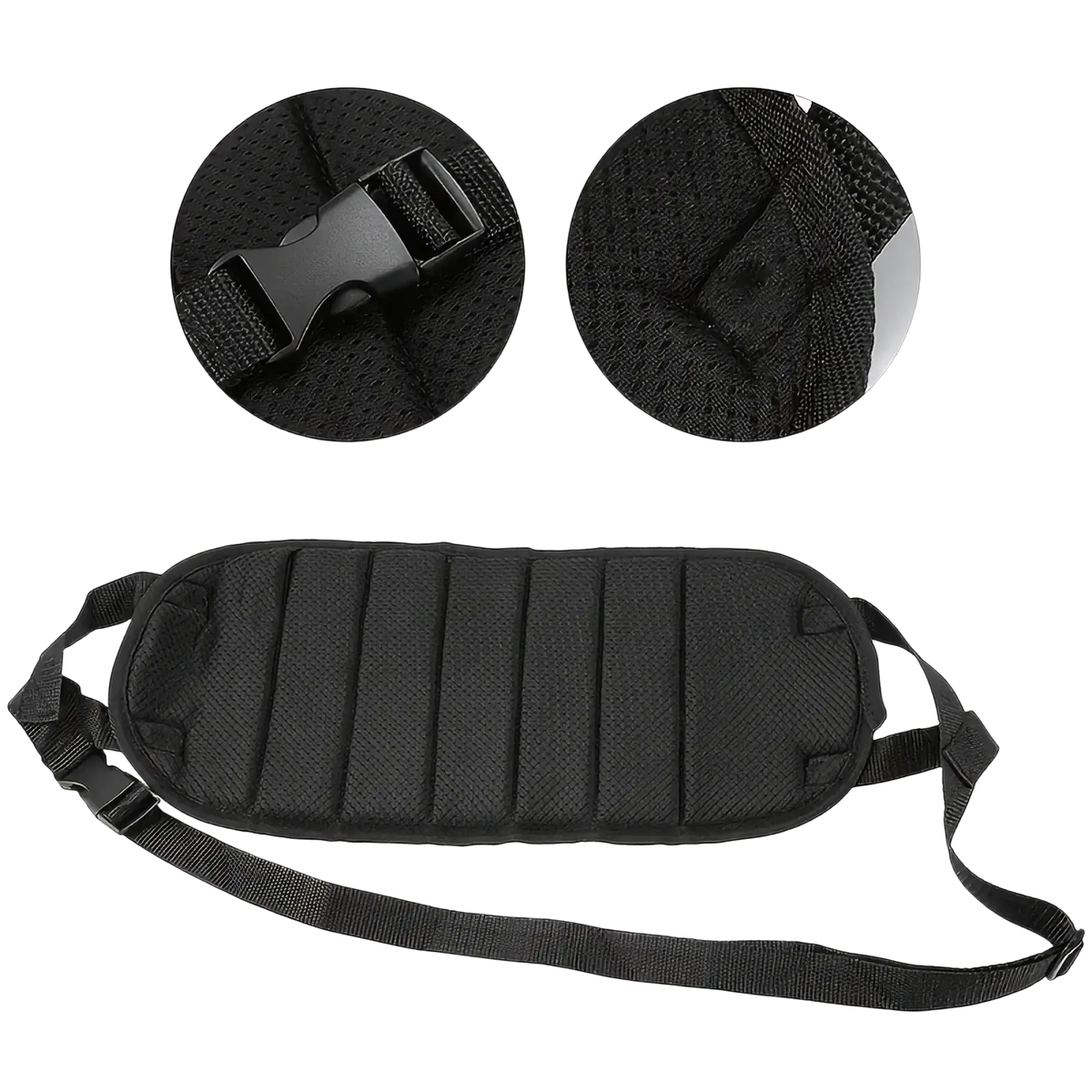 Black mesh fabric waist support belt with adjustable strap and plastic buckle for airplane footrest travel hammock leg rest
